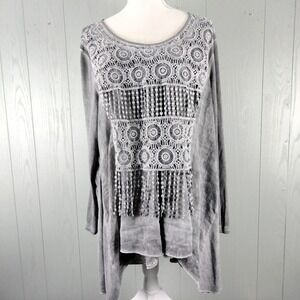 Cal Style Crochet Boho Lagenlook Tunic Top Womens XL‎ Lined Hippie Gray Loose